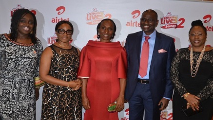 (L-r), Mrs. Kemi Adeosun, minister of Finance; Mrs. Ronke Ogunsanya, wife of Managing Director and Chief Executive Officer, Airtel Nigeria; Mrs. Dolapo Osinbajo, wife of Vice President; Segun Ogunsanya, MD/CEO, Airtel Nigeria, with Erelu Bisi Adeleye-Fayemi, UN Women Goodwill Ambassador and former First Lady of Ekiti State, during the premiere of Airtel Touching Lives Season 2, held in Abuja recently.